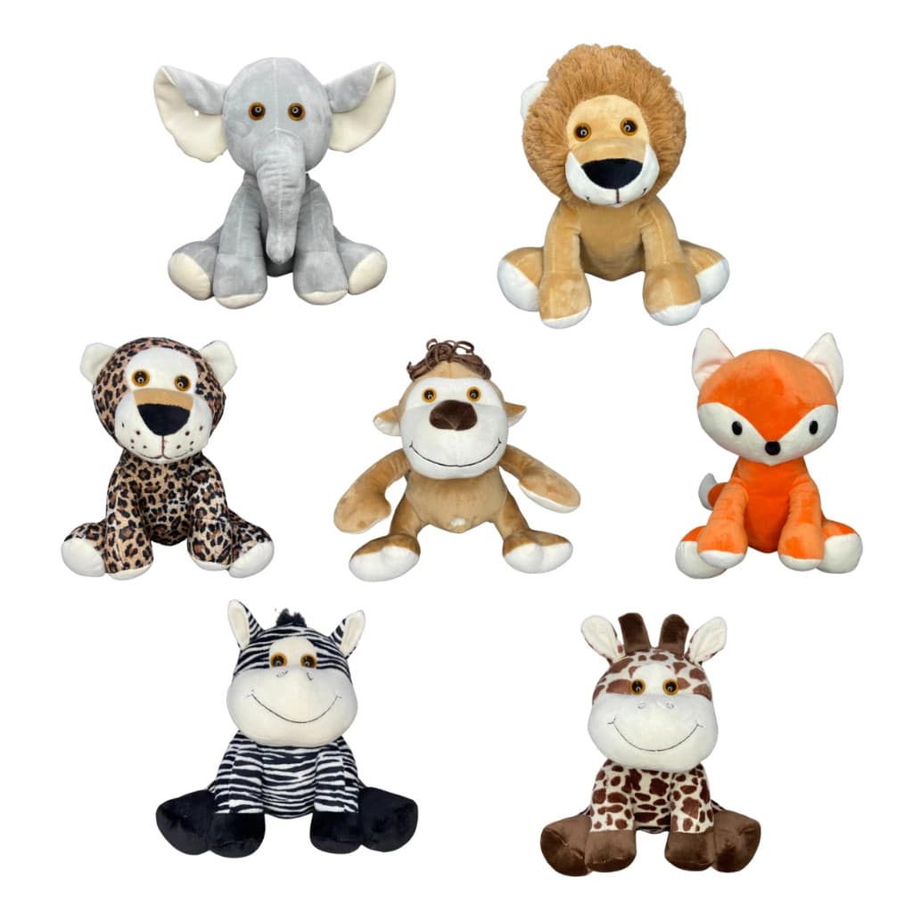 Bichinho De Pelúcia Coleção Safari 30cm Decoração Festa Infantil Leão Zebra Girafa Raposa e Elefante