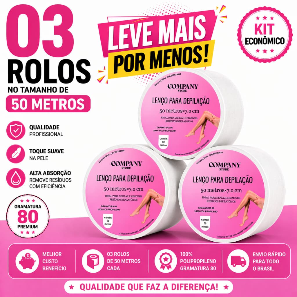 Tnt Para Depilaçao Kit 03 ROLOS,Gramatura 80% 50 Metros 7cm.Papel para Depilaçao,