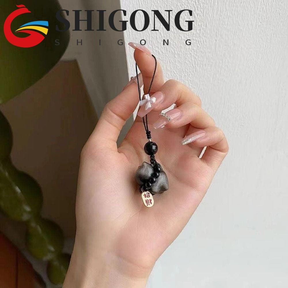 SHIGONG Encantos De Saco , Prata Obsidiana Gato Tecer Corda Sorte Trança Pingente , Adorável Chaveiro De Carro
