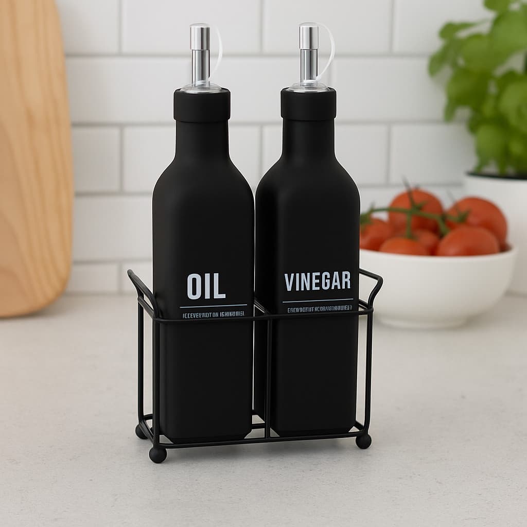 Kit Galheteiro Vidro 300ml Dosador + Suporte Preto Hauskraft Manhattan Black Elegante Azeite Vinagre