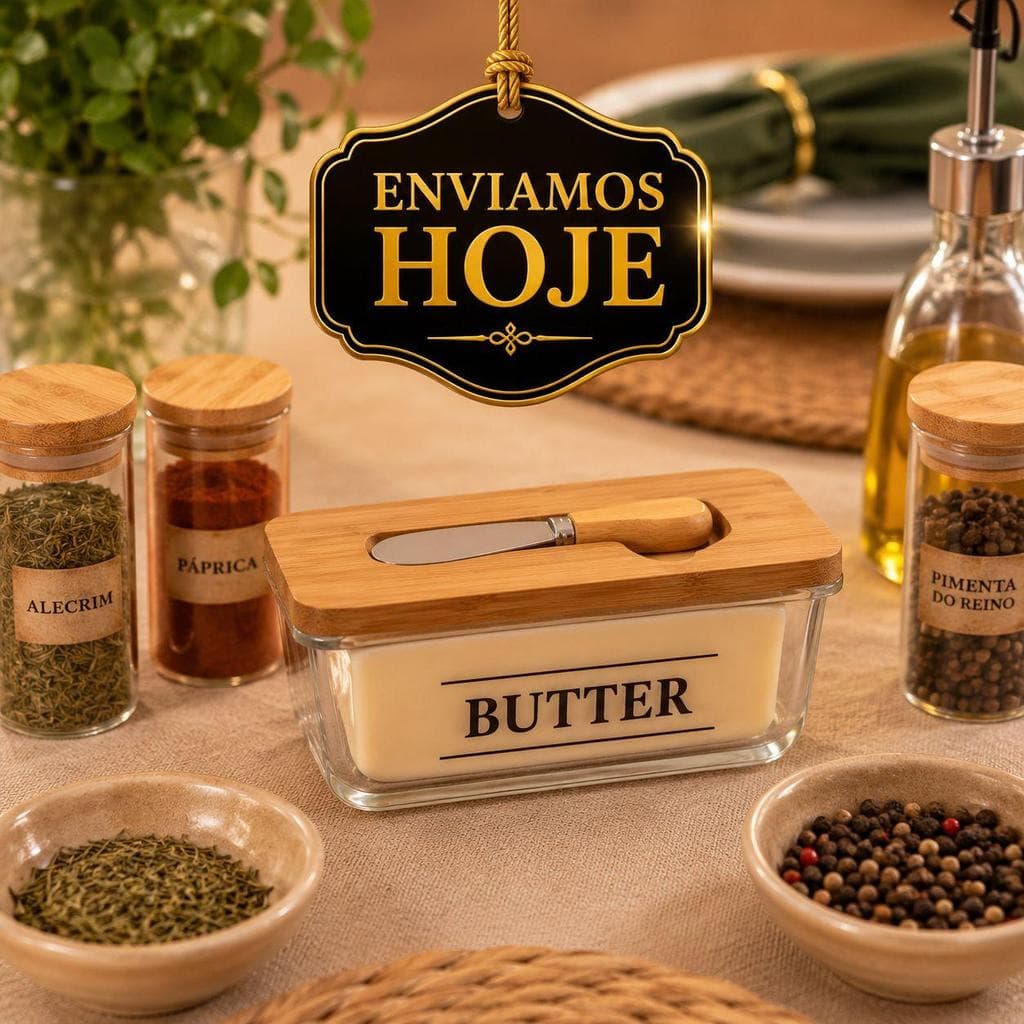 Manteigueira Porta Manteiga Wolff de Vidro com Espátula e Tampa de Bambu Requintada Grande Butter Estampada Mesa Posta