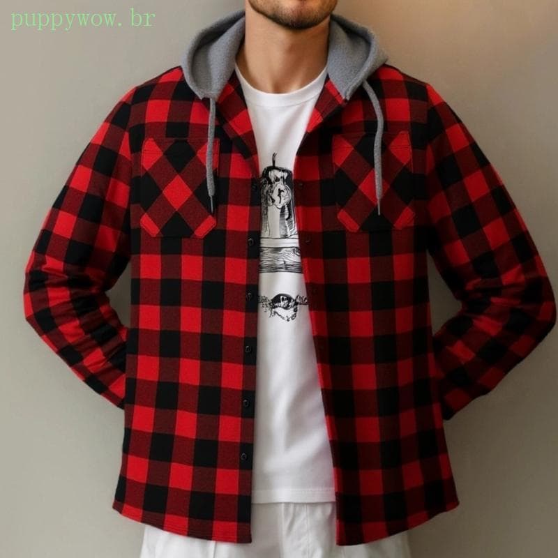Blusa Masculina PUP Xadrez Botões E Comprida Cordão Capuz
