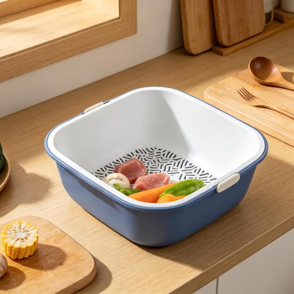 A cozinha pode usar um cesto de dreno reutilizado, adequado para limpar frutos e vegetais.