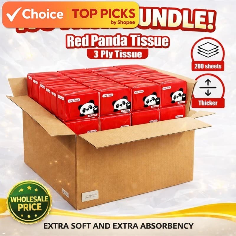 Conjunto 100 Unidades De Tecido Panda Vermelho De 3 Camadas | 100 Pacotes x 300 Folhas Premium Absorvente Extra Suave