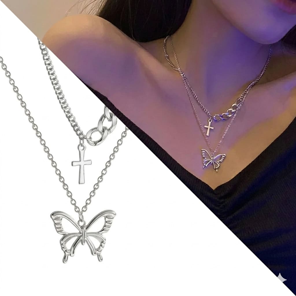 Colar Duplo Gargantilha Borboleta E Cruz Banhado Prata Luxo Exclusivo