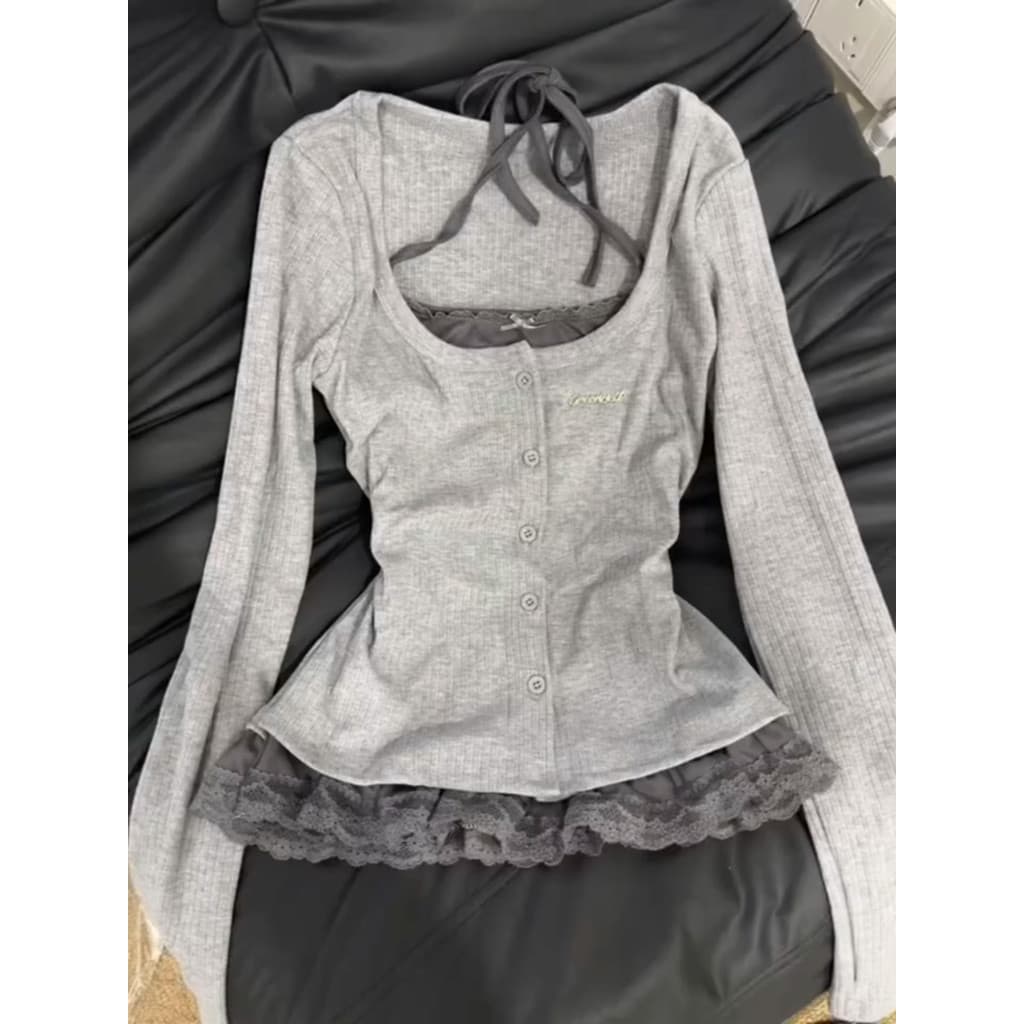 Camiseta Feminina Y2K com Aplicações de Renda e Mangas Longas, Design Modelador, Tamanho Plus NLAJ