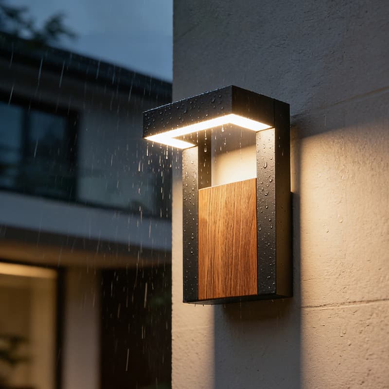 Luminária de parede externa retangular mistura madeira e metal para varanda e jardim com proteção contra chuva