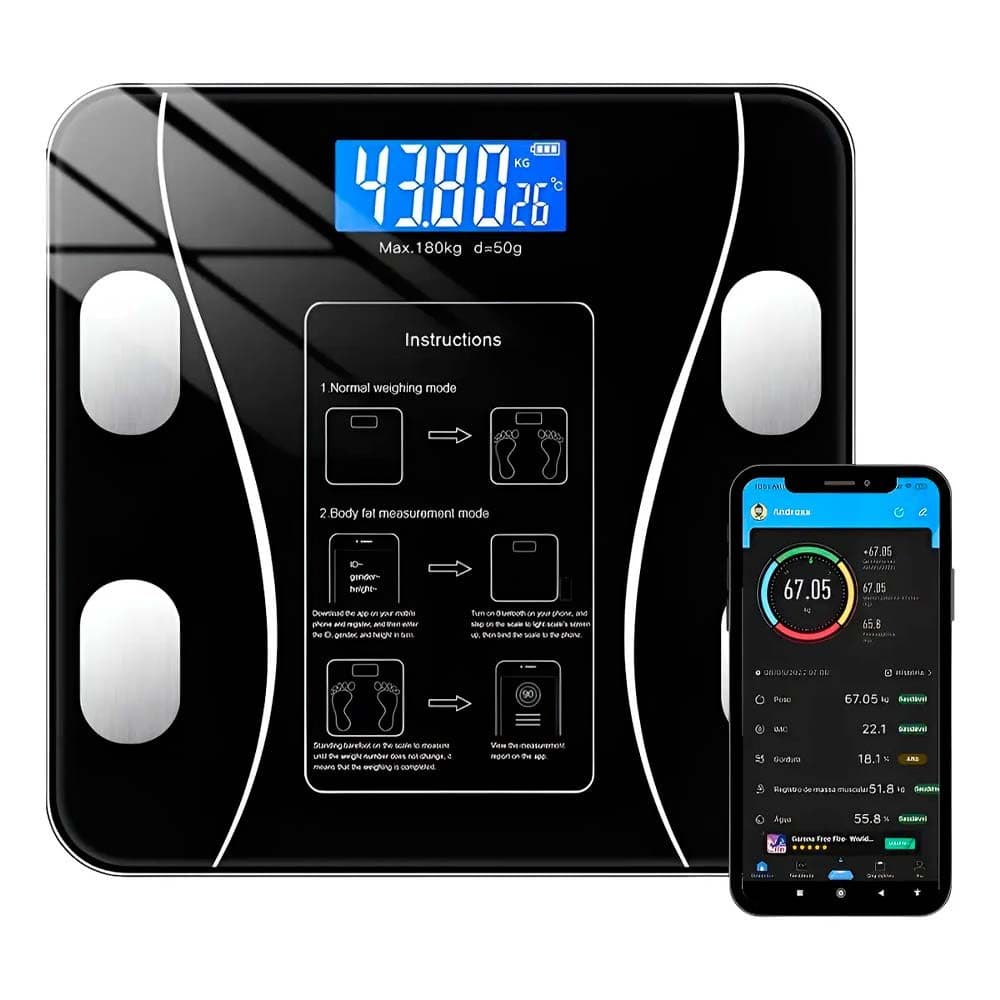 Balança Digital 180kg Vidro Temperado Com Sincronização App Bluetooth