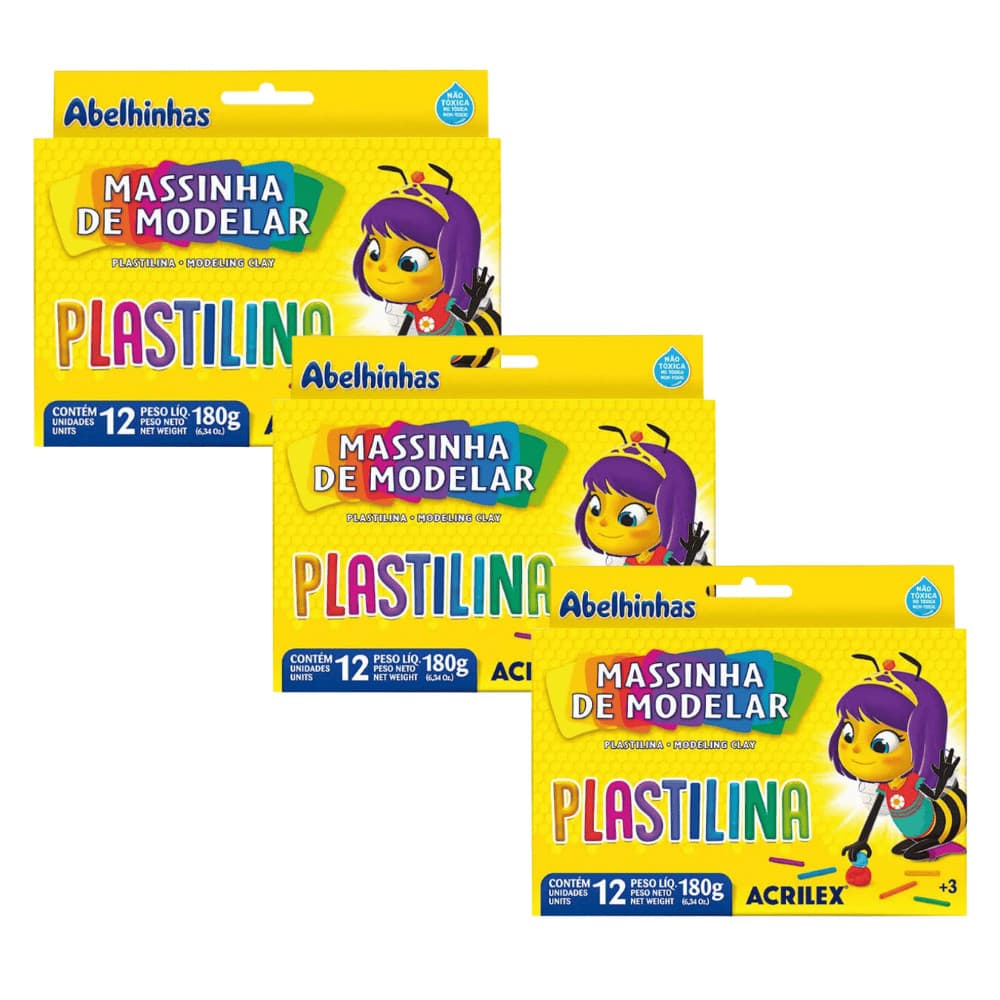 Massa de Modelar 12 Cores Plastilina 180g Kit Com 3 Unidades Acrilex