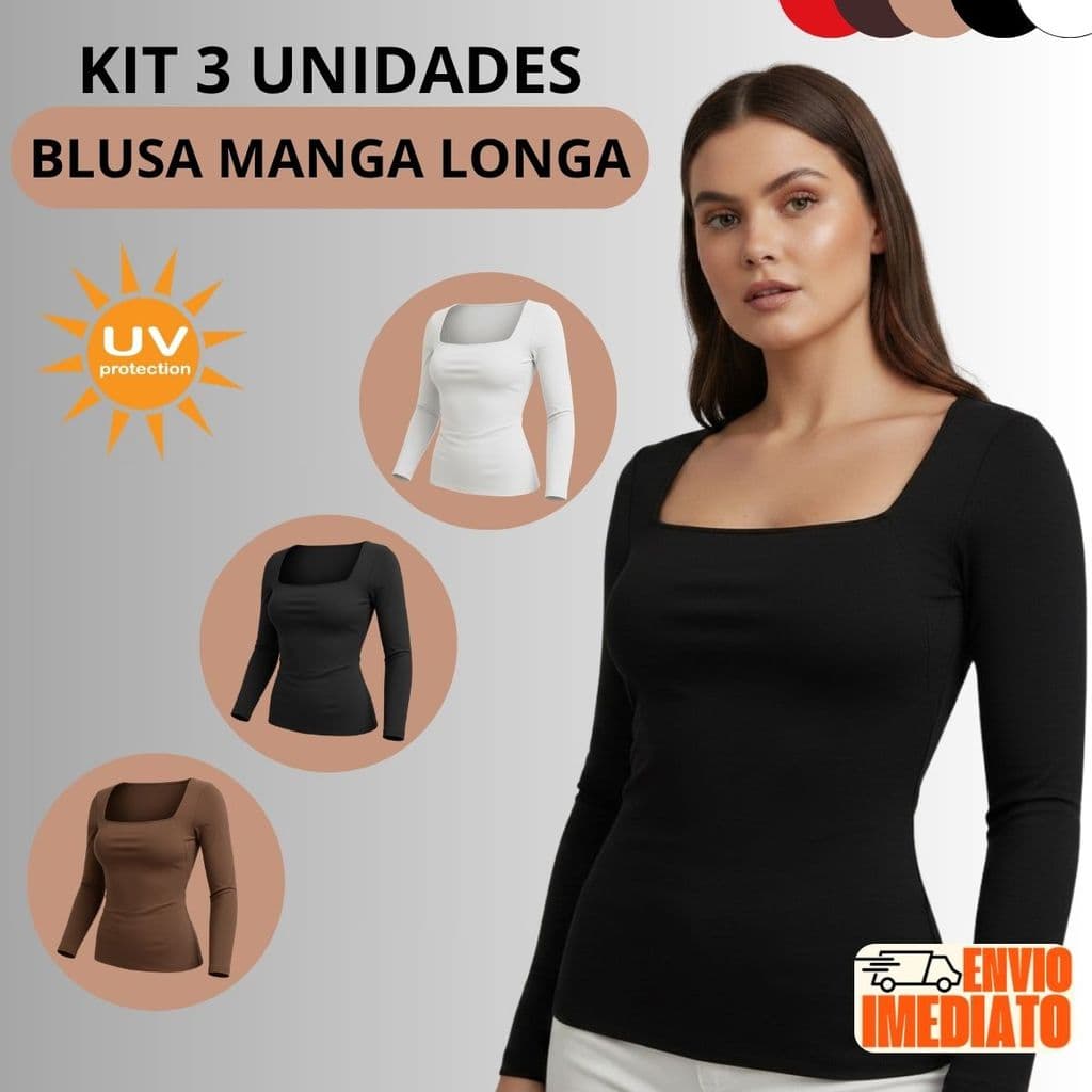 Kit 3 Blusa Suplex Feminina Manga Longa Decote Gola Quadrada Moda Inverno