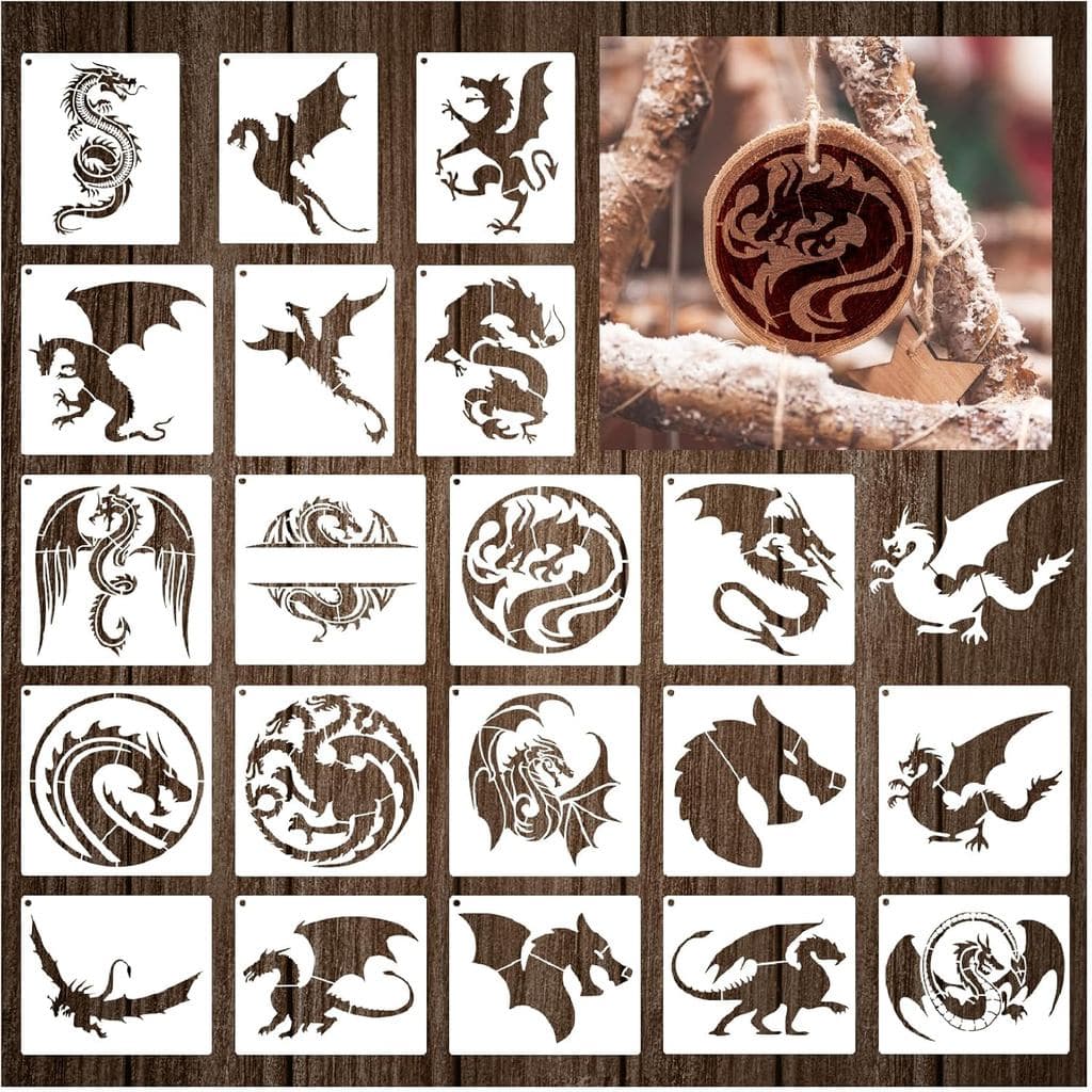 20 Moldes de Estêncil de Dragão Reutilizáveis em Mylar para Pintura em Madeira, Lona, Paredes, Decorações e Projetos DIY