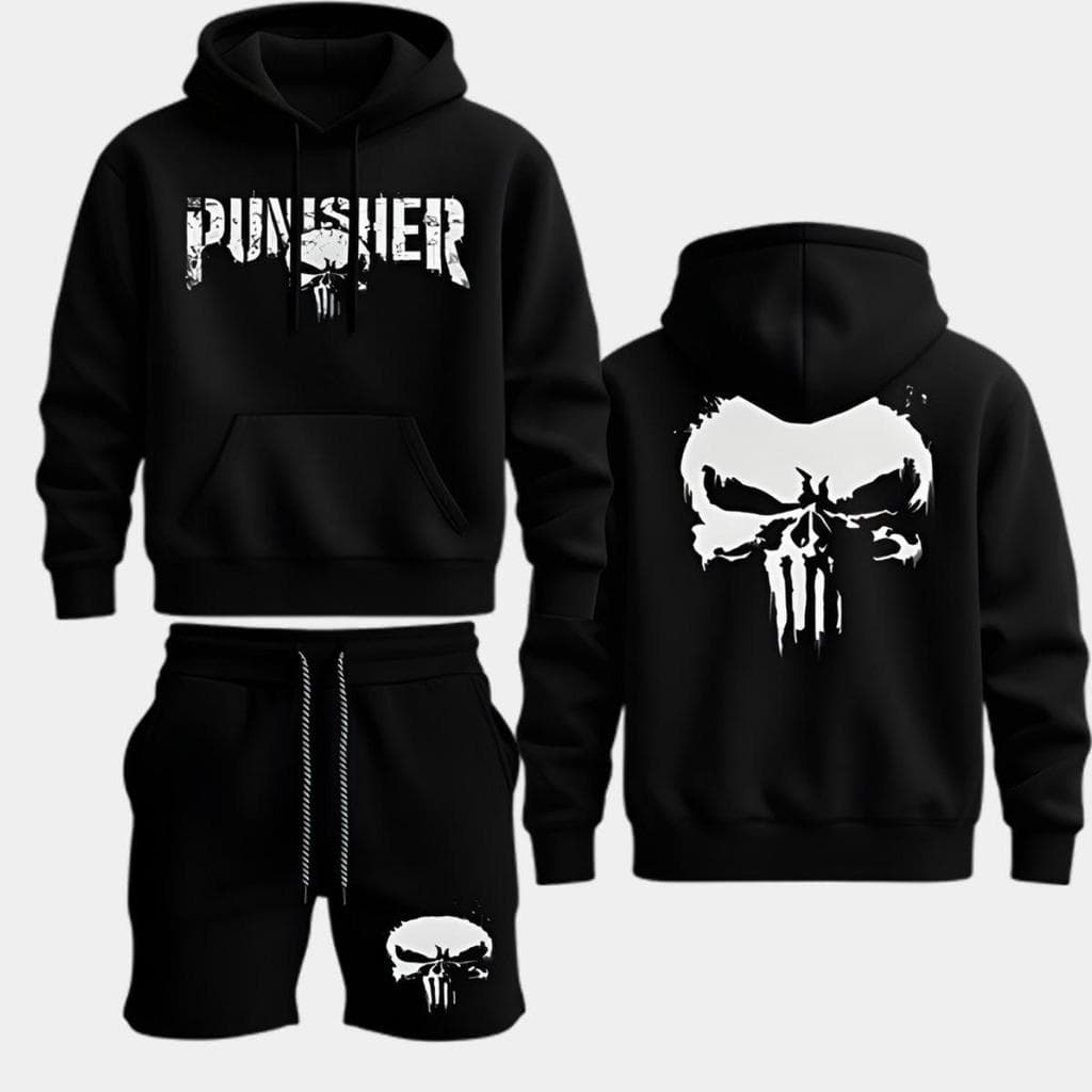 Kit Conjunto Moletom Agasalho de Moletom e Bermuda de Moletom Punisher O Justiceiro