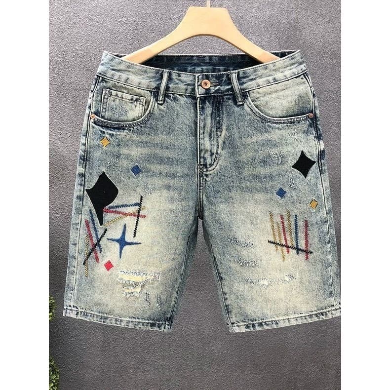 Verão bordado Denim Shorts masculino 2026 novo estilo estiramento Retro angustiado calças de cinco pontos em linha reta