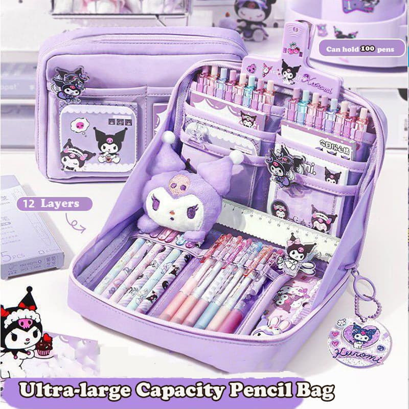 Saco De 12 Camadas De Lápis De Capacidade Ultra-Grande Sanrio Kuromi Caixa Estética Escolar Papelaria Multifunção