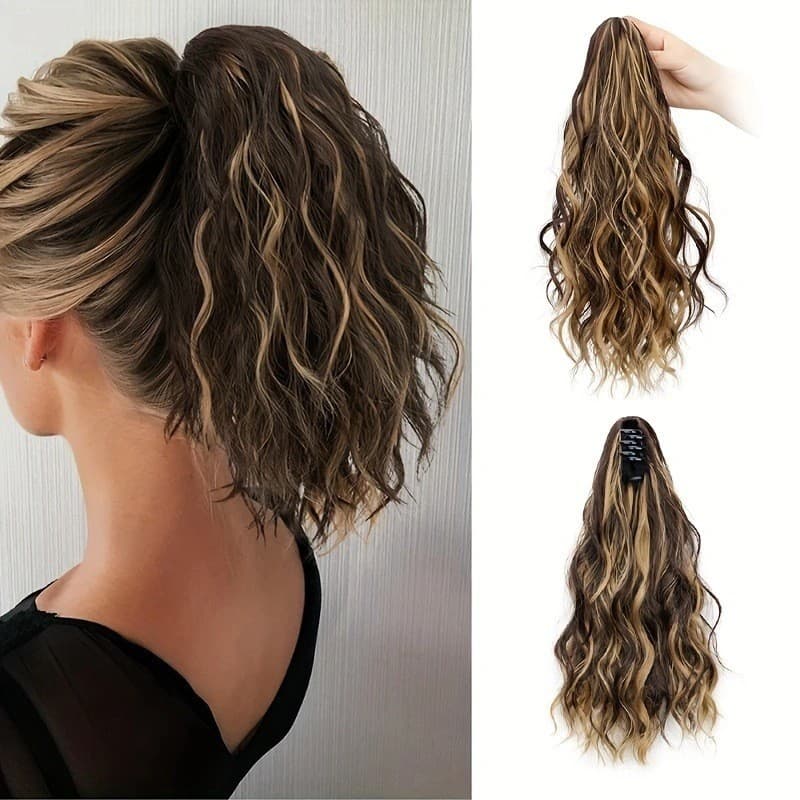 Rabo de cavalo cabelo Grab Perm alto curto rabo de cavalo feminino ondulação de água pronto estoque clipe encaracolado p