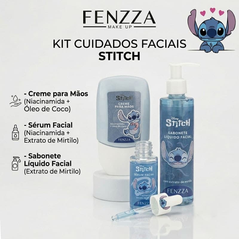 Skincare Disney Stitch by Fenzza - Sabonete Facial + Sérum + Creme para Mãos - Opção Unitária ou Completo