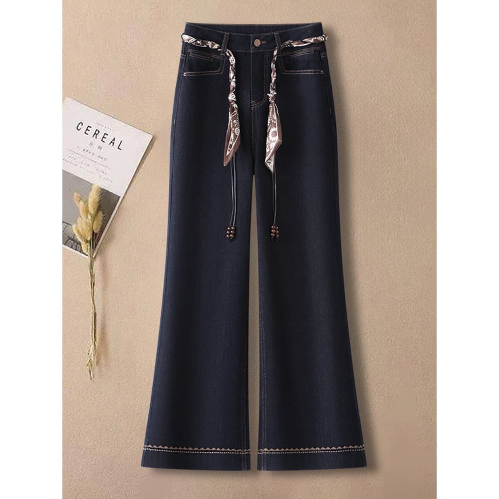 Denim azul perna larga Jeans feminino primavera outono pequeno 2026 Super Popular lenço de seda quente cinto em linha re