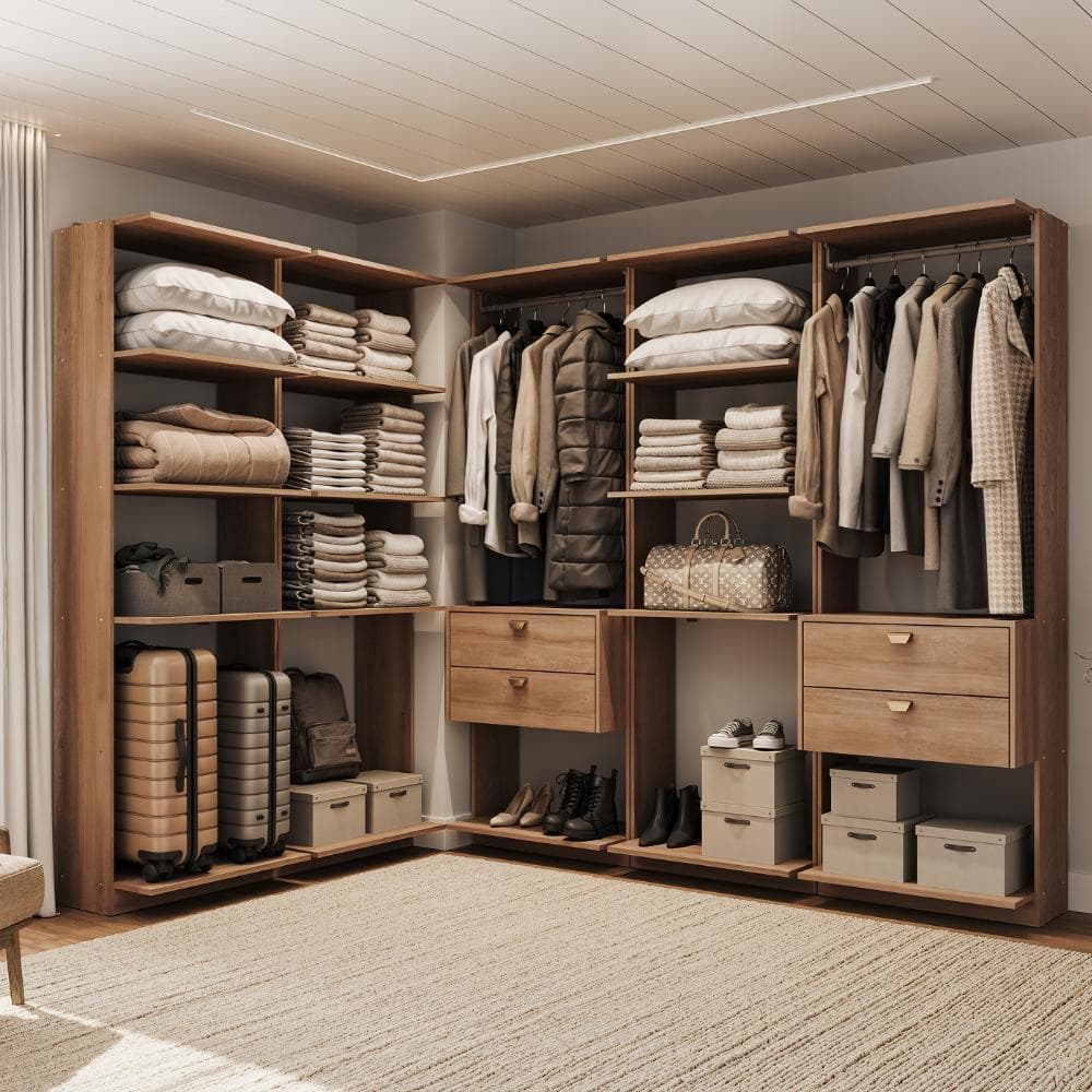 Guarda-Roupa Closet de Canto Sem Portas 4 Gavetas Alasca 300cm Freijó Carraro