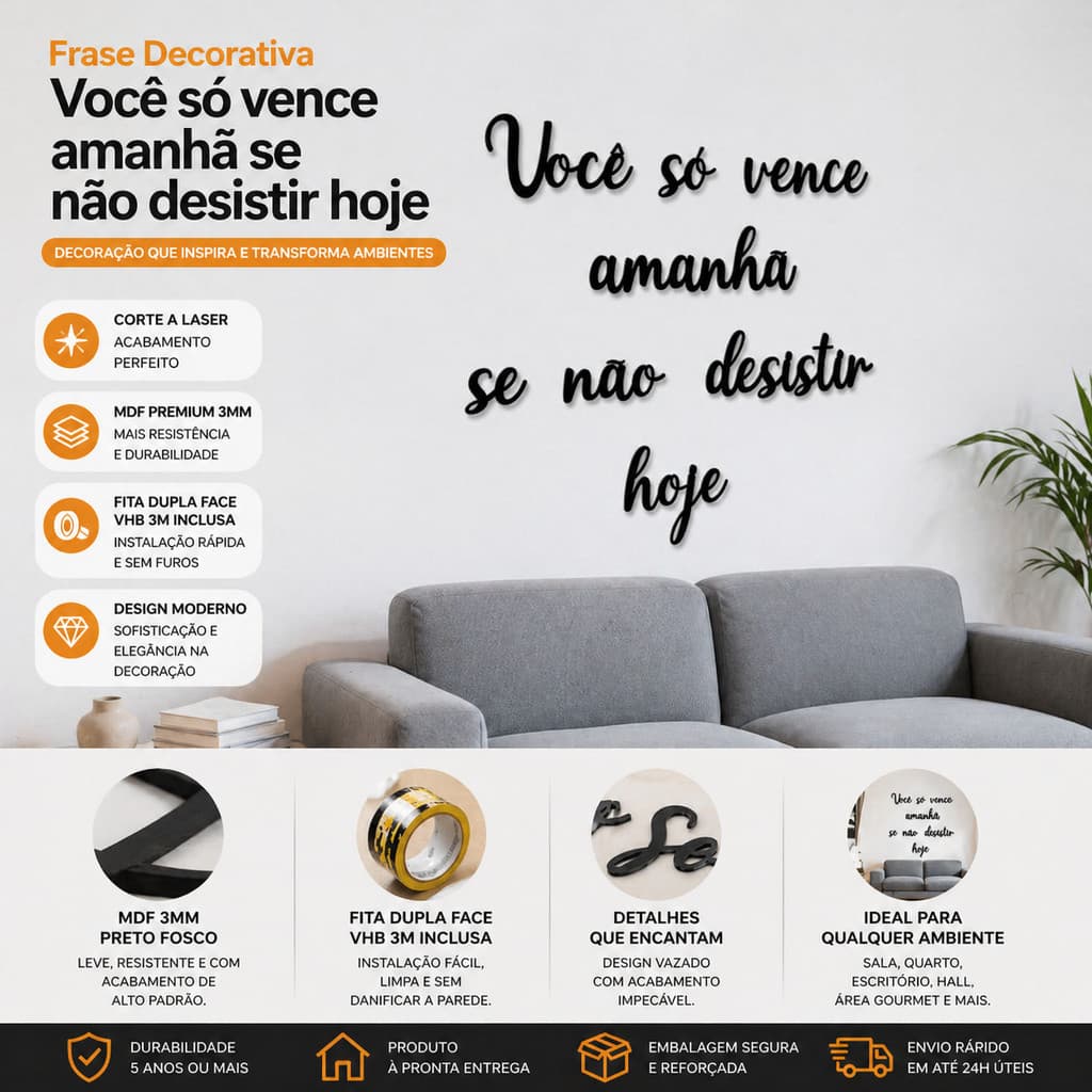Frase Decorativa Você Só Vence Amanhã Se Não Desistir MDF Preto Parede Motivacional