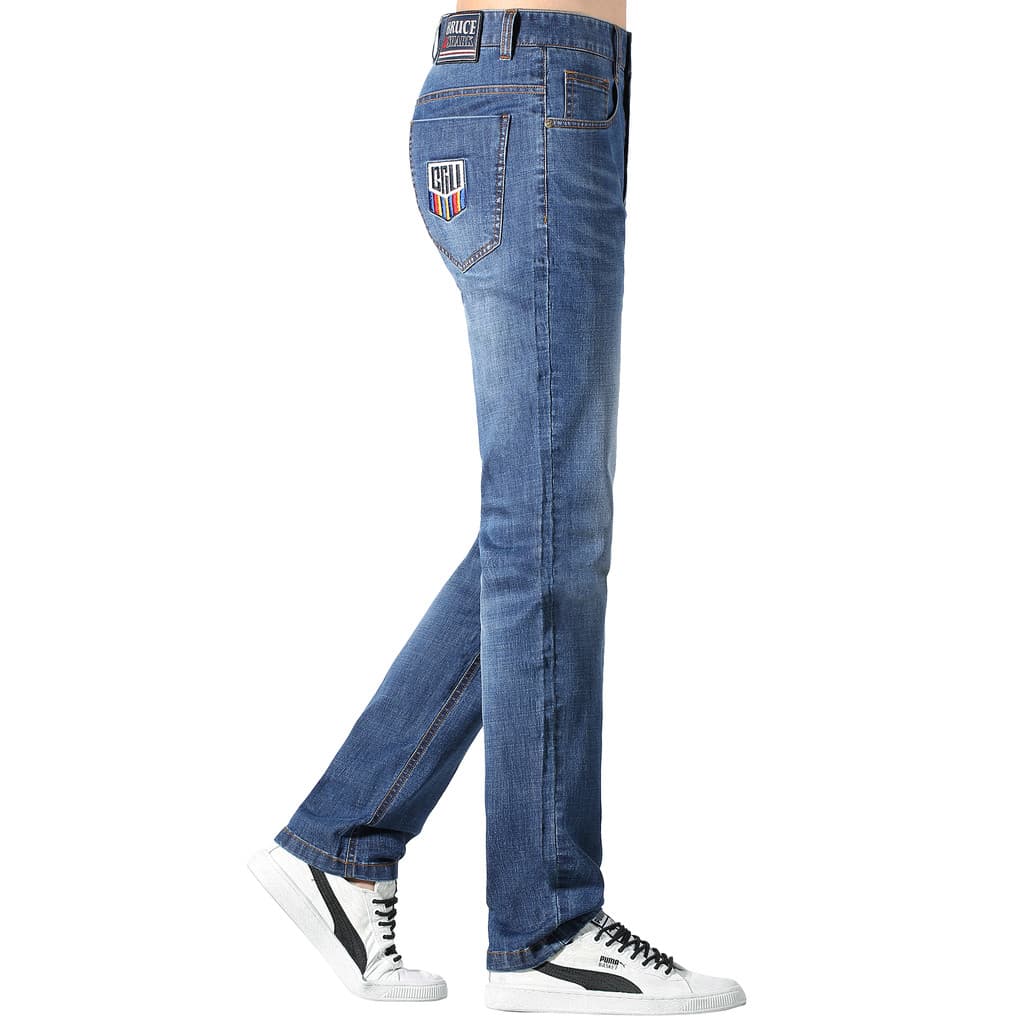 Calças de brim de verão masculinas finas calças retas Bruce Shark Street Wear masculino bordado tamanho grande calças so