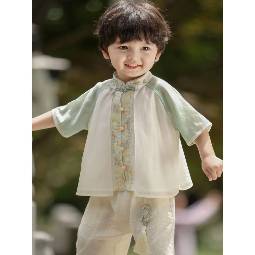 Hanfu meninos 2026 novo estilo verão crianças calças antigas terno menino bebê um ano de idade vestido menino manga curt
