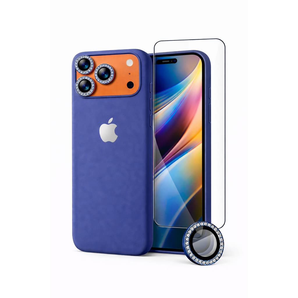 Kit 3em1 Case Silicone Colorida iPhone 17 Pro 17 Pro Max + Película Vidro 3D + Lente Diamante - RS