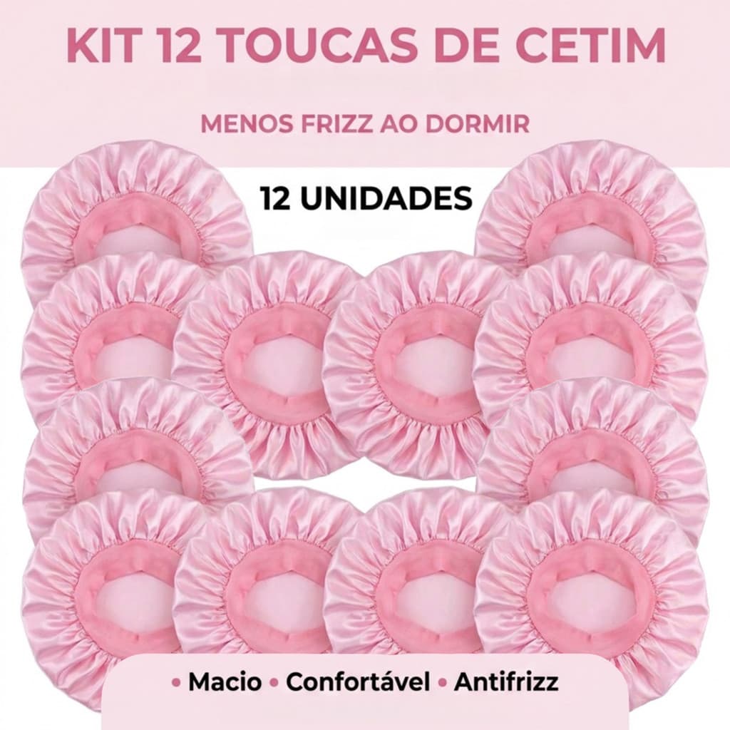 Kit 12 Toucas de Cetim Antifrizz Para Dormir Cabelo Cacheado Liso Ondulado Com Elástico
