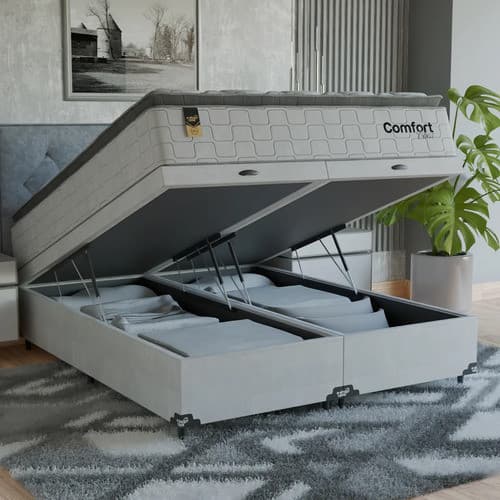 Cama Box Baú Queen + Colchão Comfort Class Pillow Top  Branco/suede Branco