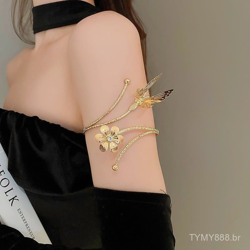 Pulseira de Metal com Flor e Borboleta, Pulseira Elegante, Presente para Meninas