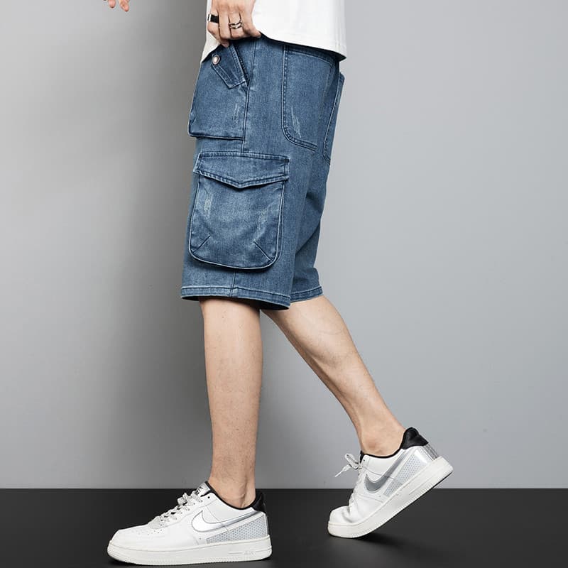 Hip Hop Street Wear macacão Denim Shorts masculino solto tamanho grande verão estilo fino meninos Multi-bolso calças de