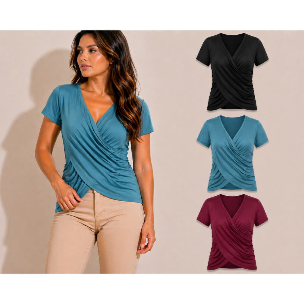 Kit 3 Blusas Femininas Transpassadas Manga Curta Modela o Corpo Não Transparente Viscolycra Premium