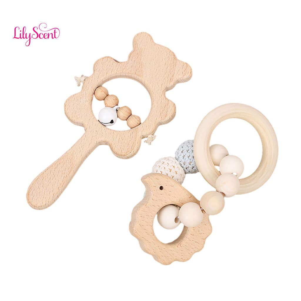 Rattle Toy with Wooden Bead Baby Set Bell Beads – Hedgehog Rabbit Elephant Bird Teething Grip Rings for Newborn Boys G