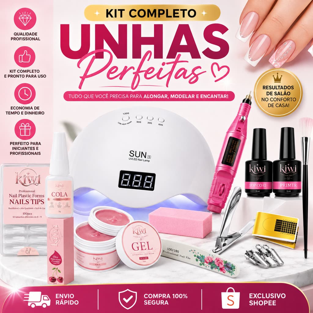 Kit De Unha Gel Cabine Estufa Secadora Unhas 48W Caneta Oleo Hidratante Copo Dappen Completo Fibra Alongamento