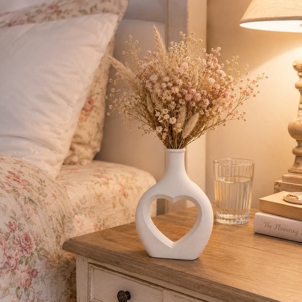 Vaso Branco e Marfim 20cm Coração Vazado Decorativo Minimalista para Ambientes Love