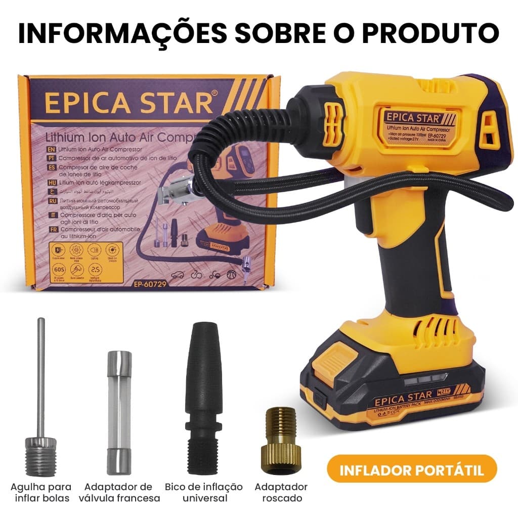 Compressor de Ar a Bateria EPICA STAR 21V (1 Bateria + 1 Carregador), Portátil com Display Digital para Pneus de Carro