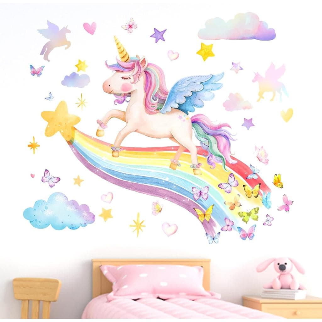 Adesivos de Parede Arco-Íris de Unicórnio Yovkky, Nuvens, Estrelas, Corações, Borboletas para Decoração de Quarto de Beb