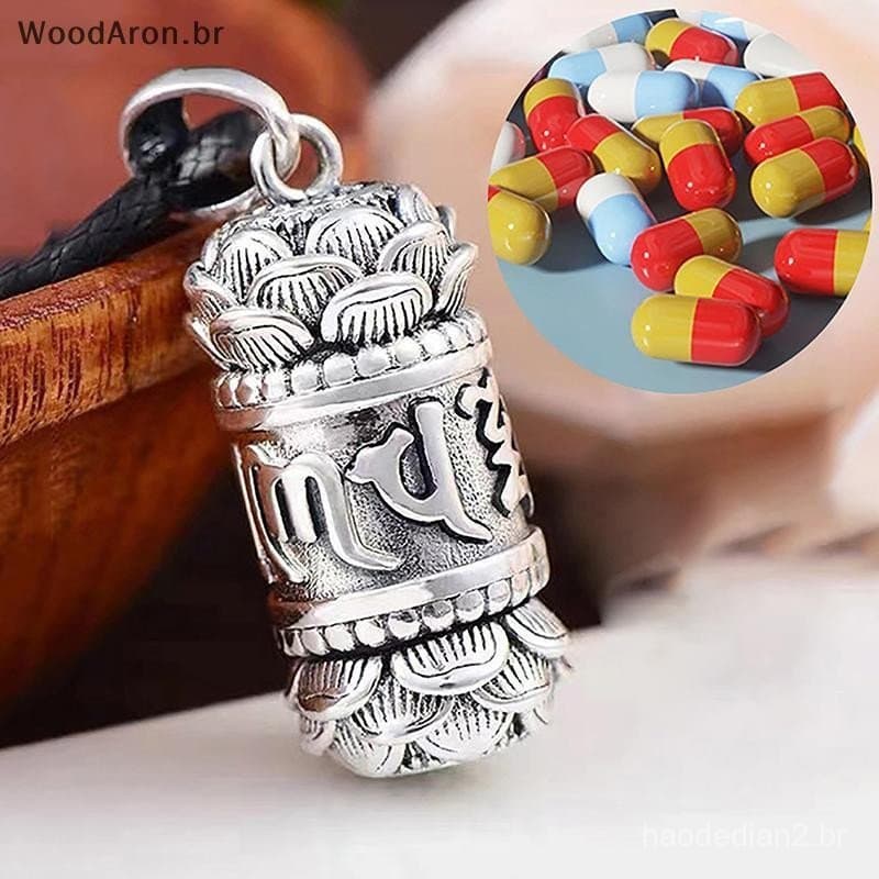 WoodAron 1Pc Oco Cobre Banhado Lótus Sutra Cilindro Pingente Chaveiro Feito À Mão Vintage Caixa De Comprimidos Recipient