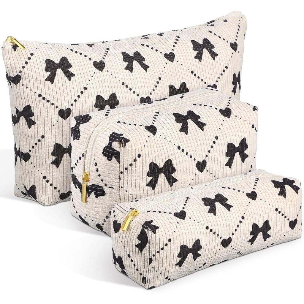 Conjunto de 3 Bolsas de Maquiagem em Corduroy Xuniea para Mulheres, Bolsa Cosmética com Laço Coquette, Estojo de Lápis E