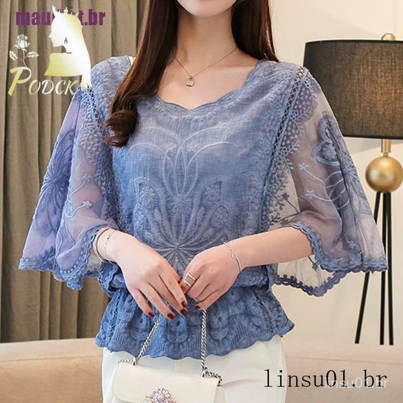 Camisa Feminina Chiffon Renda Slim Blusas Casuais Meia Manga Midi
