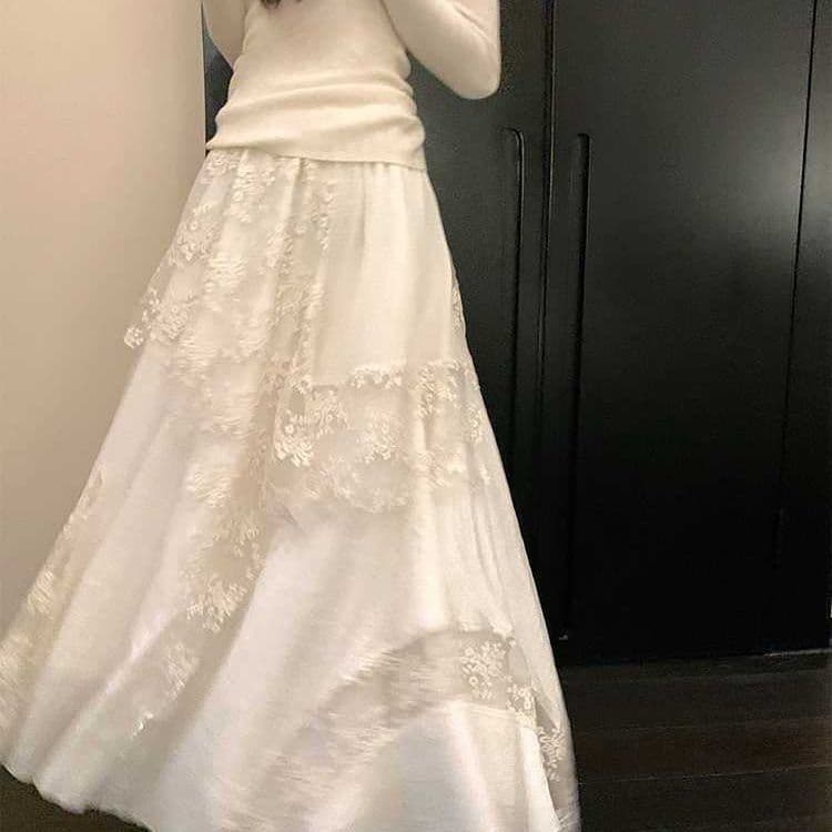 Estilo coreano indústria pesada renda gaze saia primavera verão novo estilo grande bainha a linha saia Design nicho saia