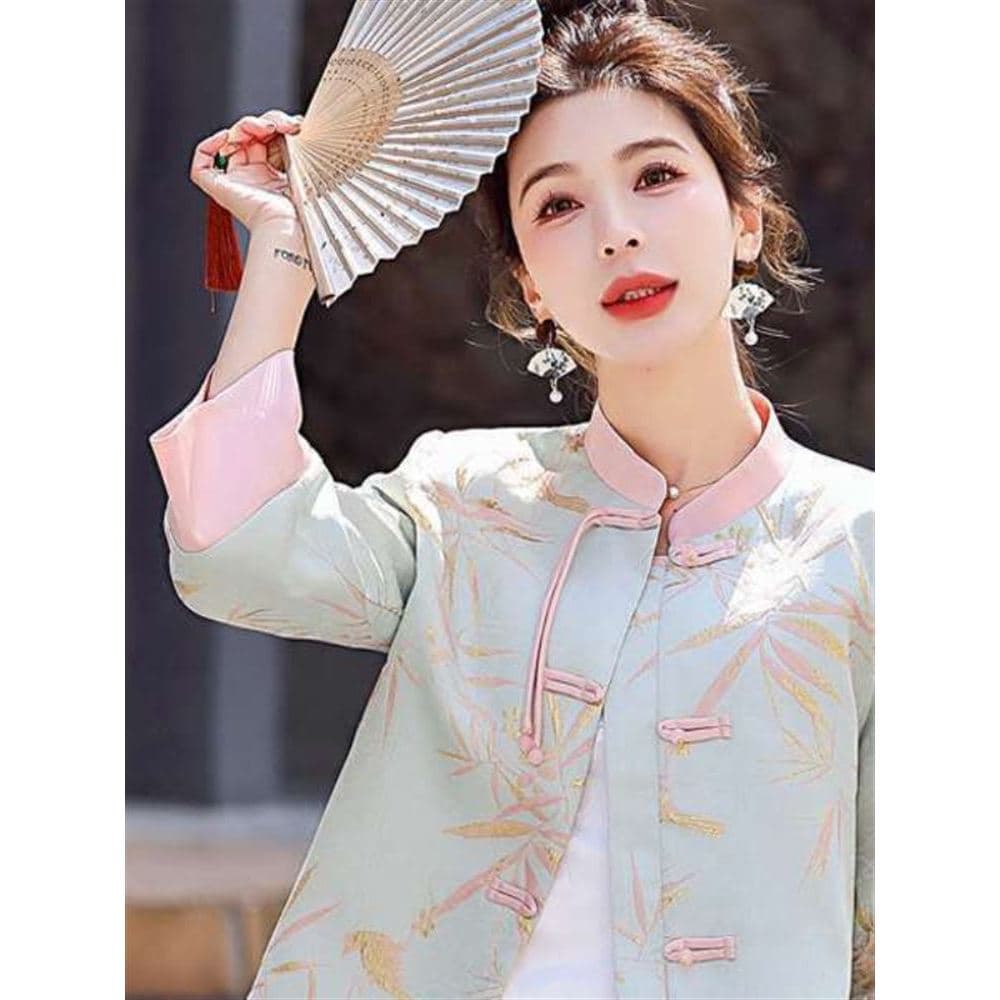 Novo estilo chinês estilo chinês jaqueta feminina primavera outono pequena fivela Retro melhorado Tang terno gola alta c