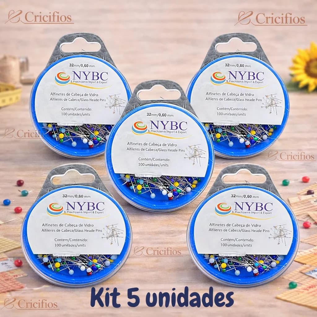 Kit 5 Caixas De Alfinete Cabeça De Vidro NYBC - 500 Unidades Total