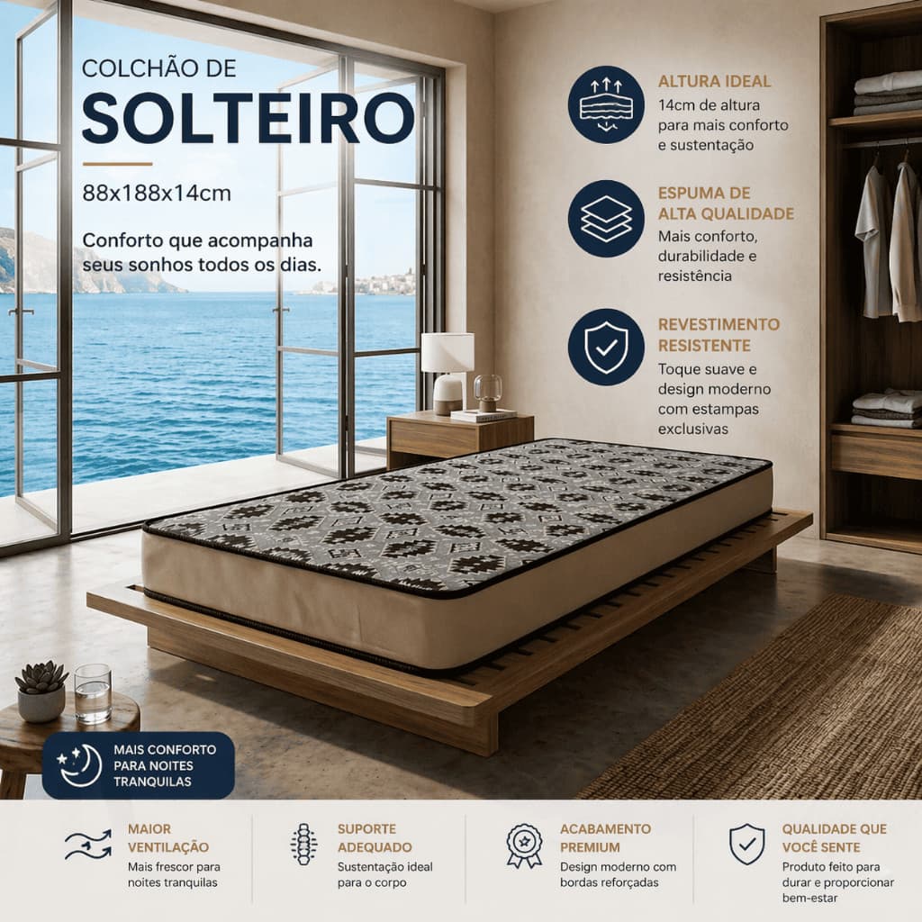 Colchão Solteiro D28 Ortopédico 14cm Espuma Firme Promoção de Fábrica Estoque Limitado Compre Hoje