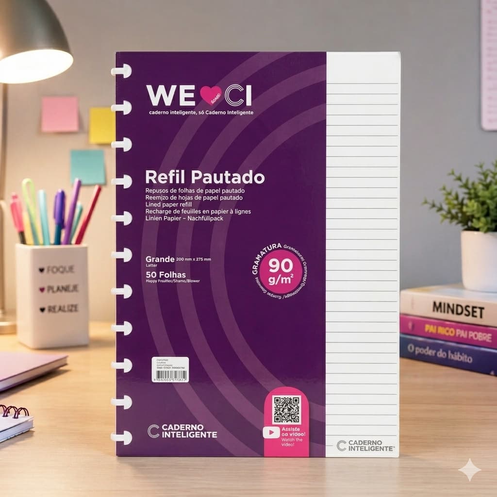 Refil A4 11 Discos 50 Folhas Caderno Inteligente Original Grande Pautado 90g/m² Reposicionáveis