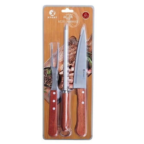 Kit Utensilios Churrasco Aco Inox Cabo Madeira Duravel Facas Garfo Espeto BBQ