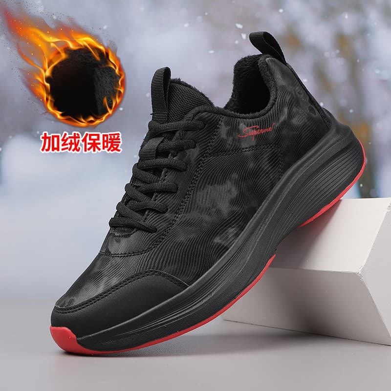 Sapatos masculinos com cadarço, sapatos de algodão, forro de lã de inverno, tênis de corrida quente, couro, à prova d'ág