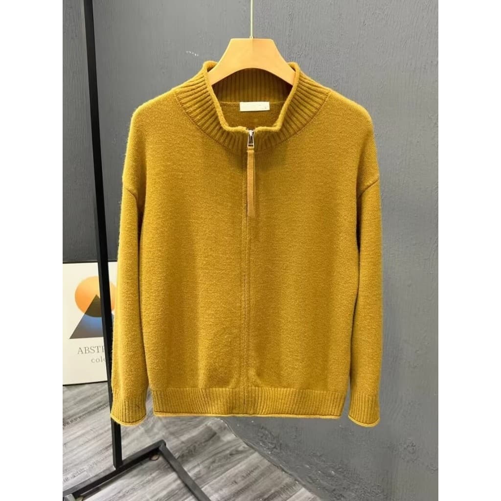 Primavera outono 2025 novo estilo luz luxo simples pesado malha Cardigan jaqueta moda masculina zíper gola alta suor