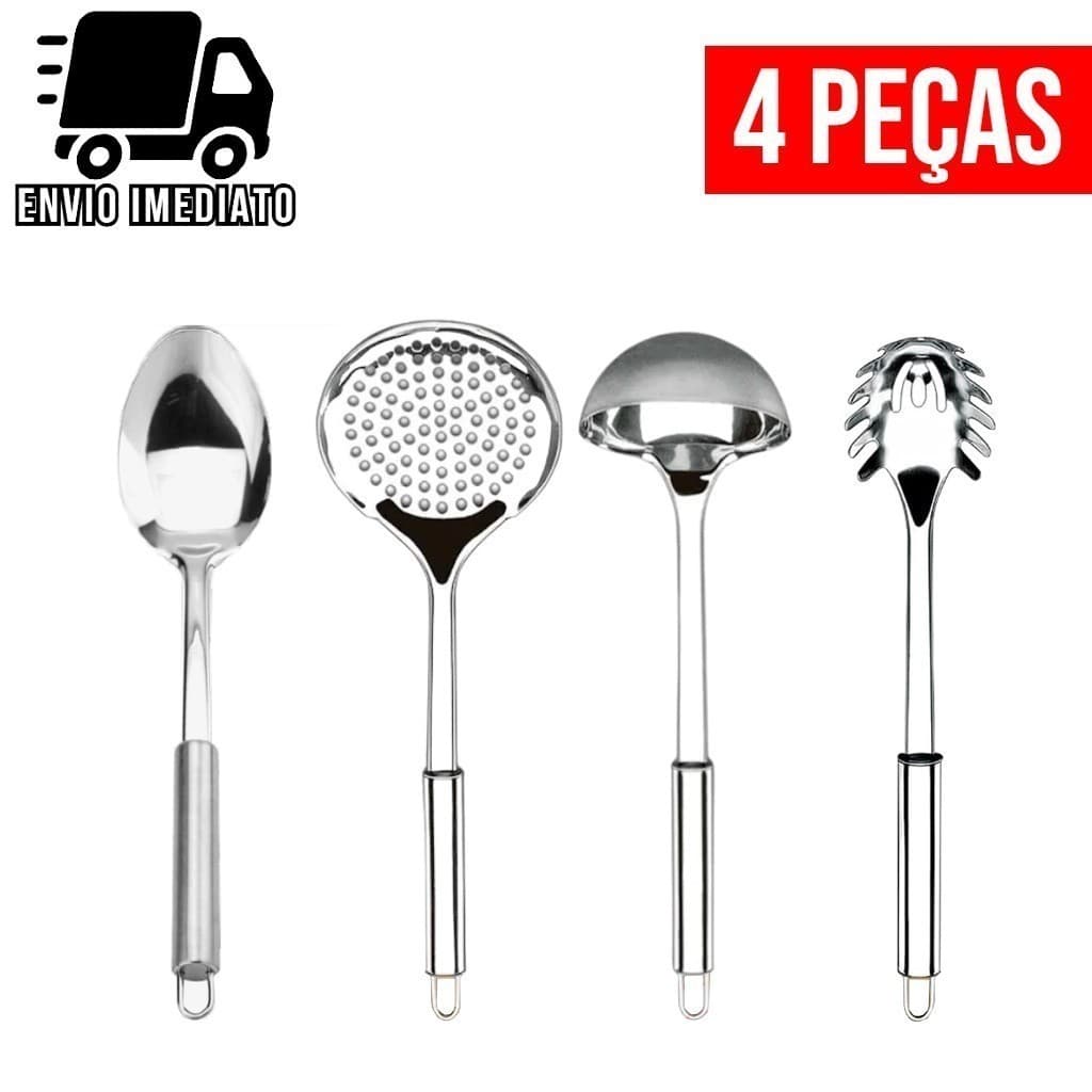 Kit Colher de Arroz Concha de Feijão Pegador de Massas e Escumadeira Inox Utensílios Cozinha 4 Peças