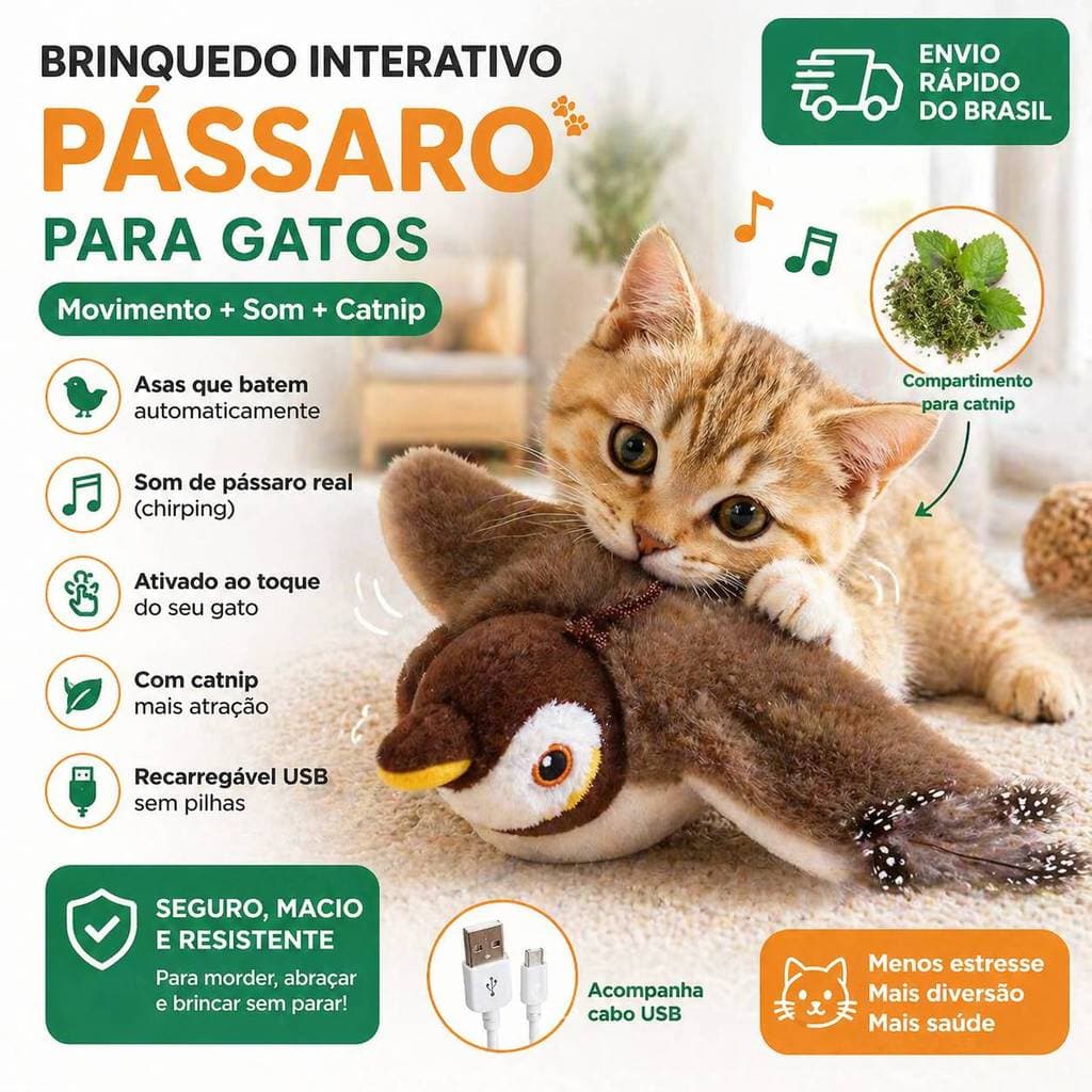 Brinquedo Interativo para Gato Pássaro com Som e Movimento USB Recarregável com Catnip