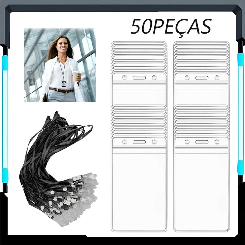 50 porta-crachás verticais, porta-crachás transparentes com 50 cordões pretos